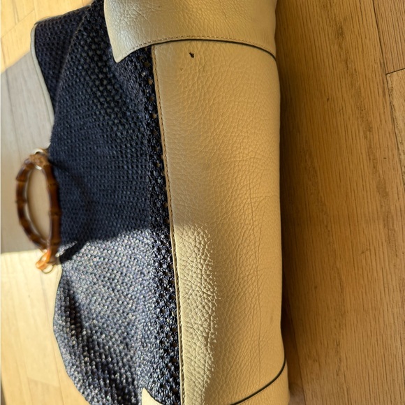 Gucci Raffia Bamboo Linen Leather Tote Bag Navy White - Picture 3 of 7